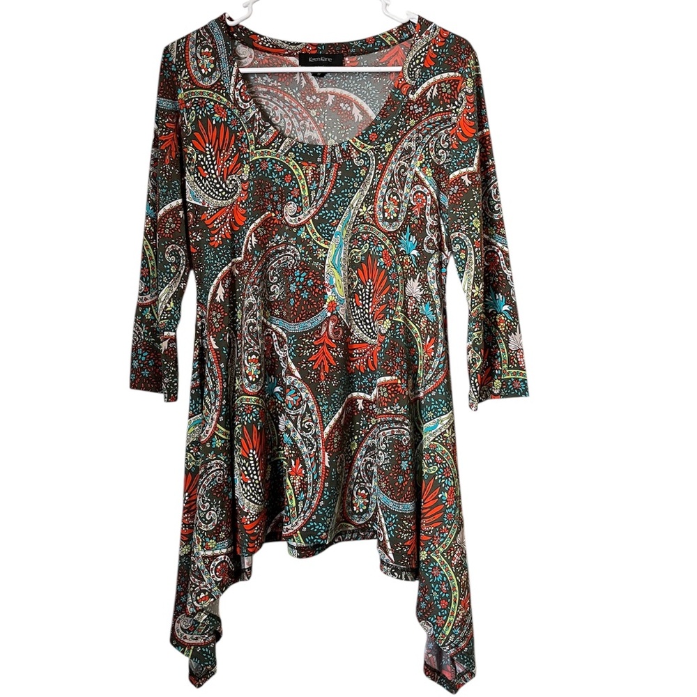 Karen Kane Women’s Red Multi Paisley Print Hi-Lo 3/4 Sleeve Top Sz-M